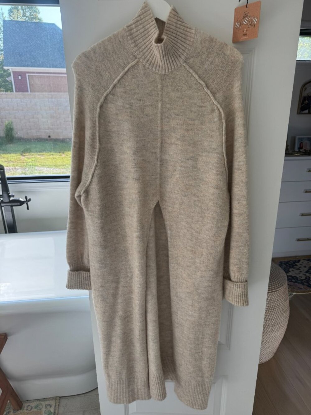 Anthropologie Longline Split Sweater XS Oatmeal Mock Neck Tunic - Picture 5 of 7